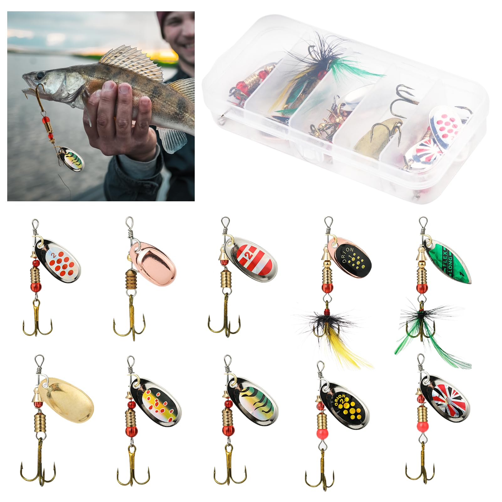 10Pcs Fishing Lures Set, Spinner Bait Set, Multi-Coloured Metal Fishing Lures with Rotating Spinners and Treble Hooks, Fish Lure Kit for Trout Pike Bass Salmon Freshwater and Saltwater Use