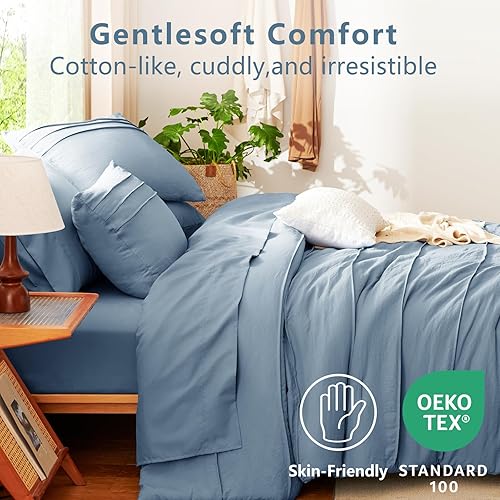 Miniatura 3 de CozyLux Juego de edredón tamaño Queen, color azul grisáceo, 7 piezas de cama plisada suave en una bolsa, juego de edredón Queen con sábanas, juego