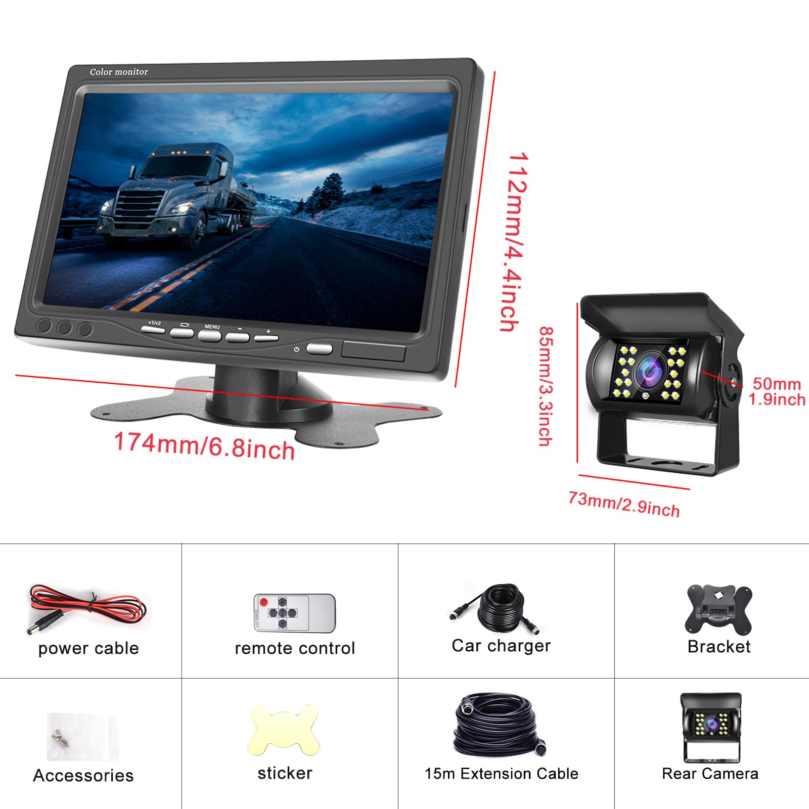 Cámara Marcha Atrás y 7 Pulgadas LCD Monitor Kit Cámara Visión Trasera, Hodozzy IR Visión Nocturna Impermeable Cámara de Marcha 12V-24V con 4 Pin 15 Metros Cable para Coche Camión Remolque Caravana