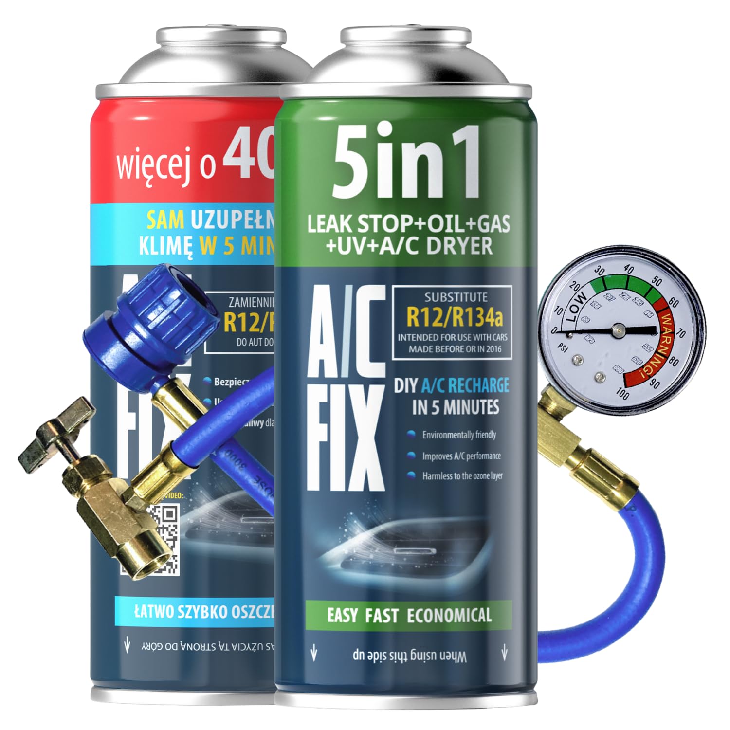 AC FIX 5-in-1 – R134a + R134a XL + Tubo flessibile, 470 g Refrigerante per climatizzatori auto con olio, sigillante, colorante UV, essiccante – Protegge il compressore