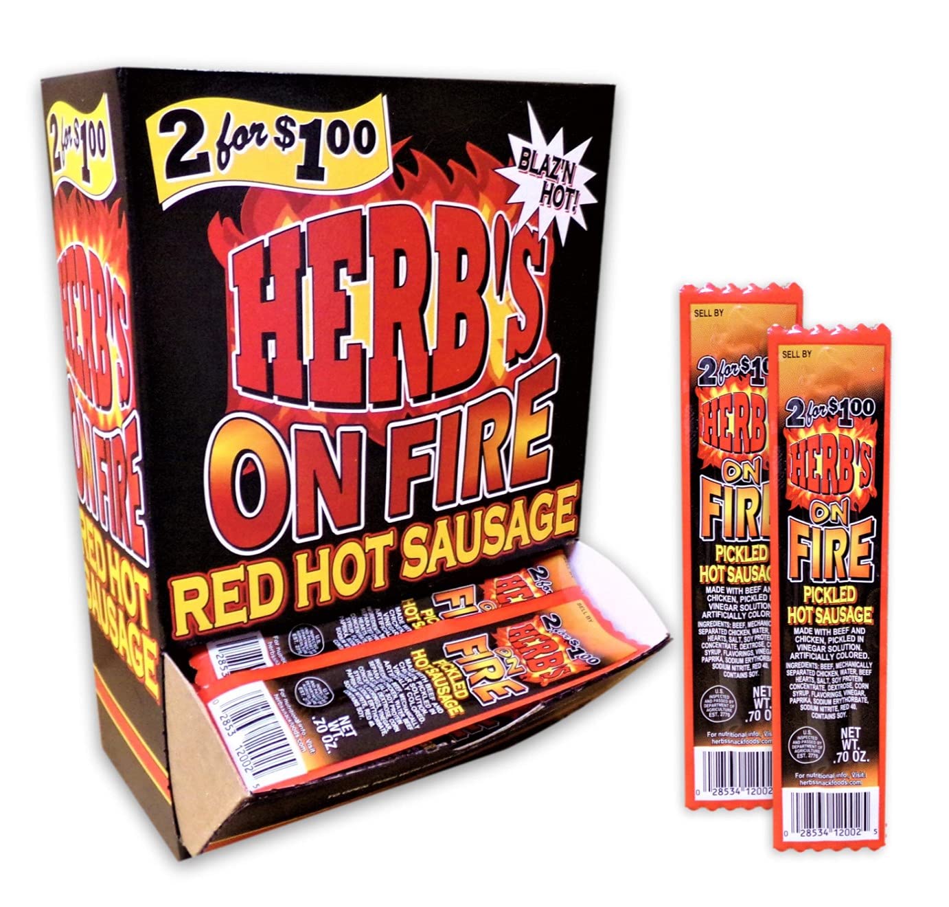Herb's On Fire Red Hot Sausage, 50 Count 0.7 Ounce Pickled Hot Sausage