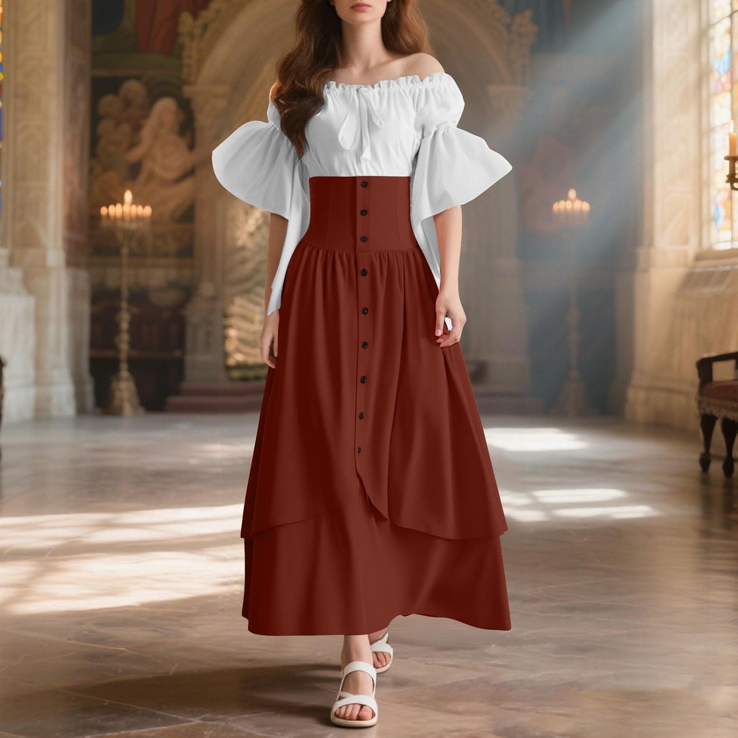 Akklian Women Renaissance Costume Elegant Off Shoulder Medieval Victorian High Waisted Button Down Fairy Corset Long Dresses