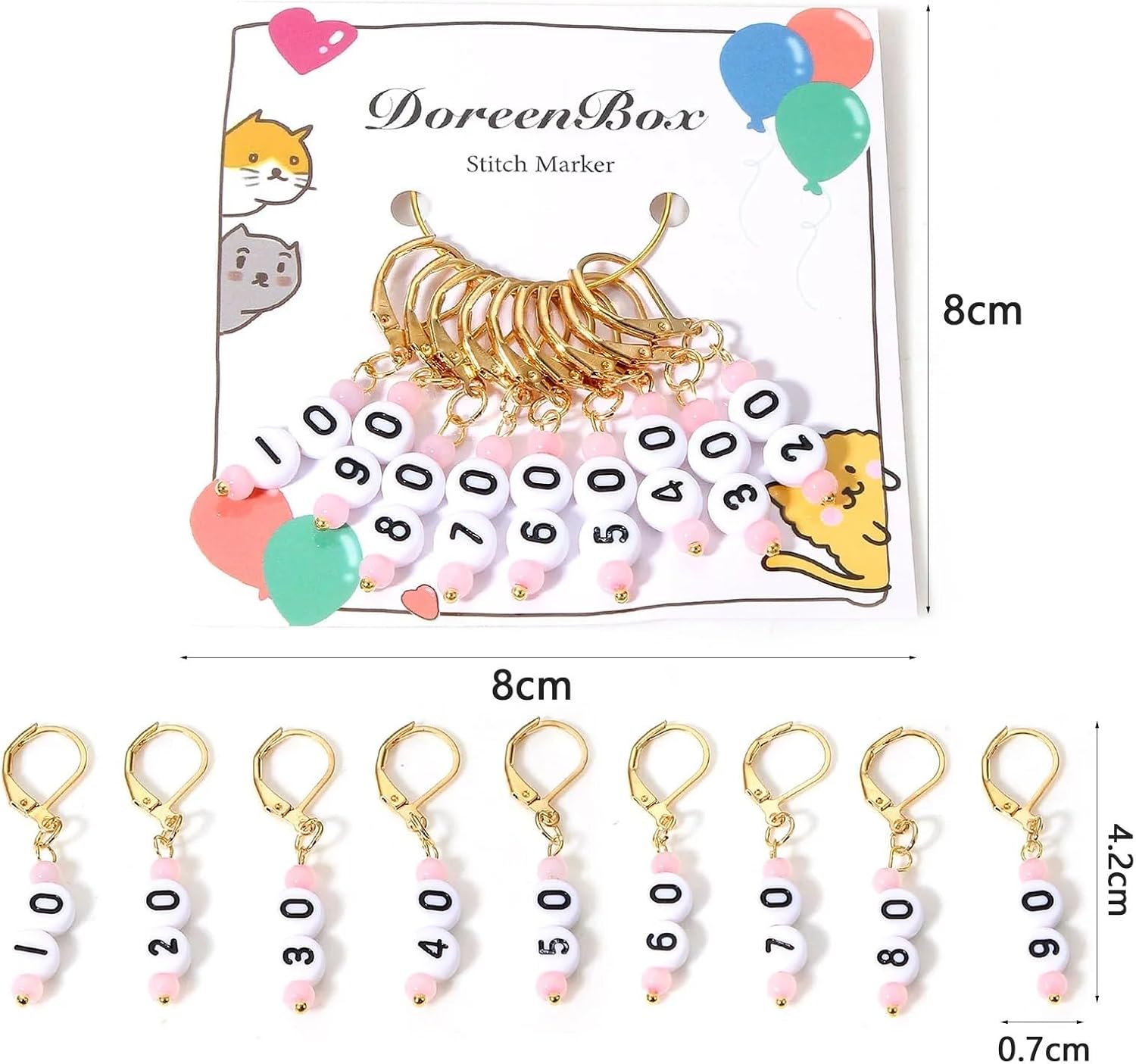 Stitch Markers 10 Set (9PCs/Set) Glass & Acrylic Knitting Stitch Markers Number 10-90 Gold Color Metal Crochet Latch for DIY Craft Marker Tools(Pink)