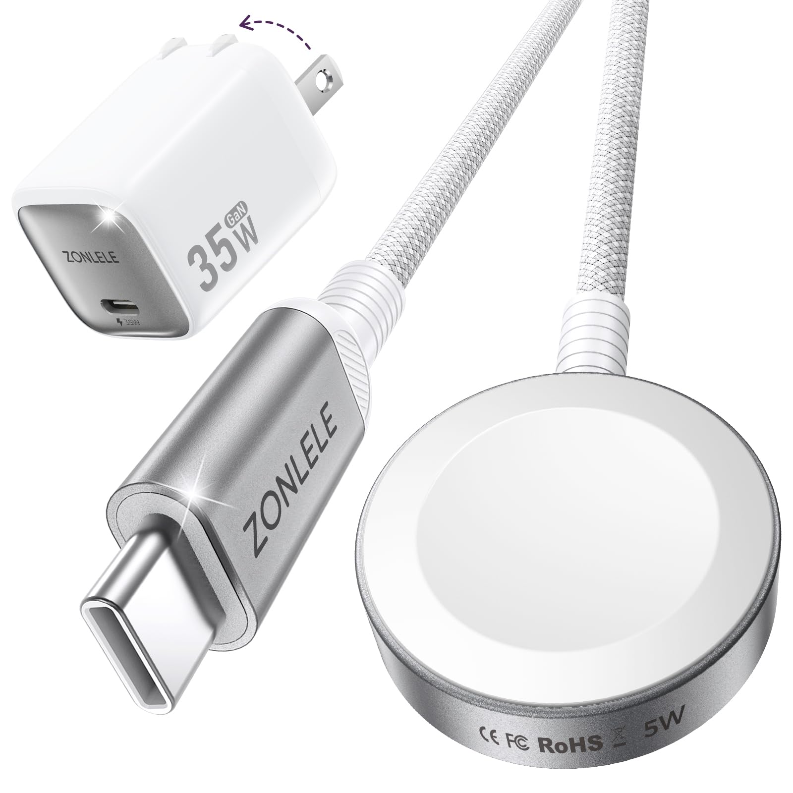 Cargador de reloj actualizado 2026, cable magnético de carga rápida USB C de 5 W con bloque de 35 W, cargador de reloj trenzado para Series/11/10/9/8/7/Ultra 3/Ultra 2/17-3.3 pies