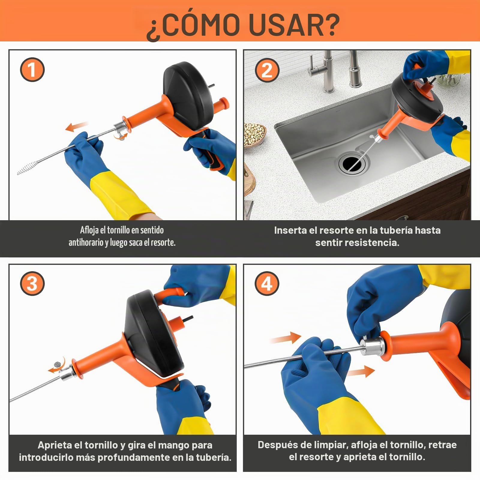 10 m Desatascador Tuberias Profesional- 10m, Desatascador Fregadero con Accesorio de Taladrar, Limpia Tuberias con Guantes - Manual & Eléctrico, Desatascador WC para Inodoros Baño Cocina