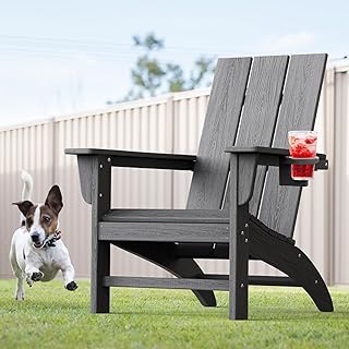 Modern Adirondack Chair with Cup Holder, HDPE Plastic Patio Chairs for A...