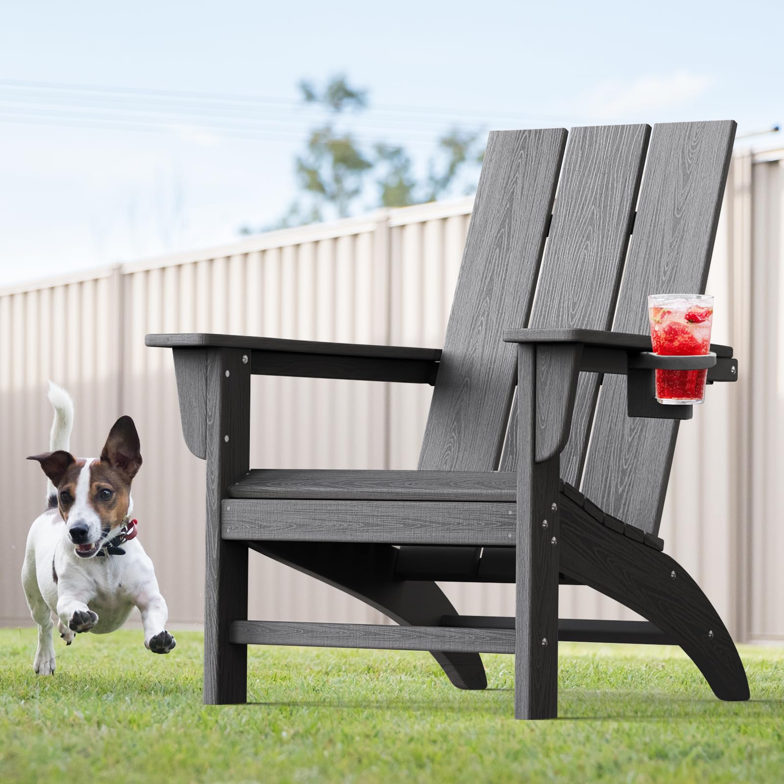Photo 1 of POLYDUN Modern Adirondack Chair with Cup Holder, HDPE Plastic