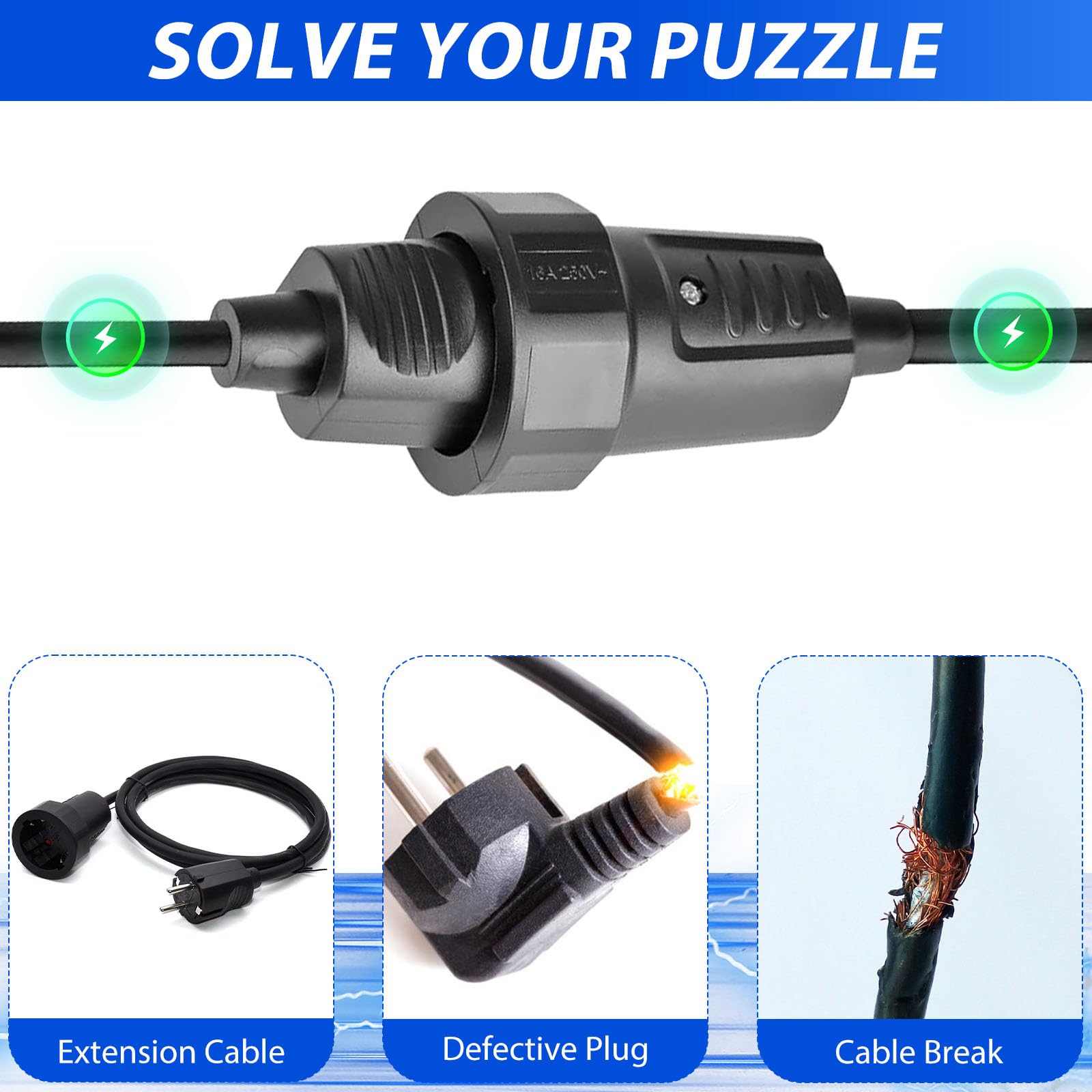 2 coppie spine e giunti 250V 16A IP44 Set di giunti spina Schuko con protezione antipiega Giunto spina Schuko a 2 poli Spina di sicurezza in gomma nera per esterni impermeabile