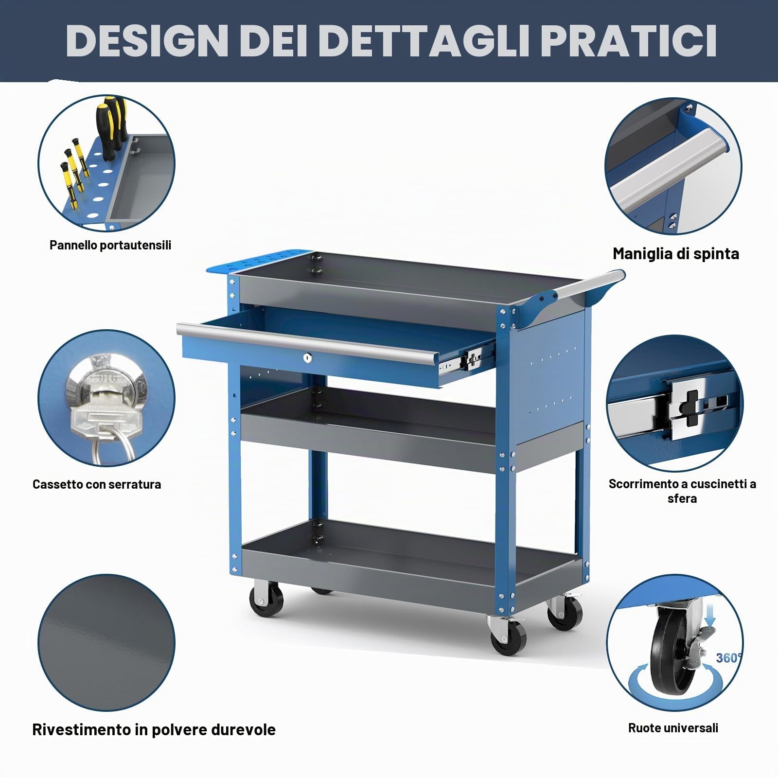 Carrello Porta Attrezzi con Ruote a Tre Livelli AIRAJ,Carrello Officina con Cassetti,Carrello Attrezzi Adatto per Garage, Officine, Magazzini e Officine,Carrello da Officina,Blu