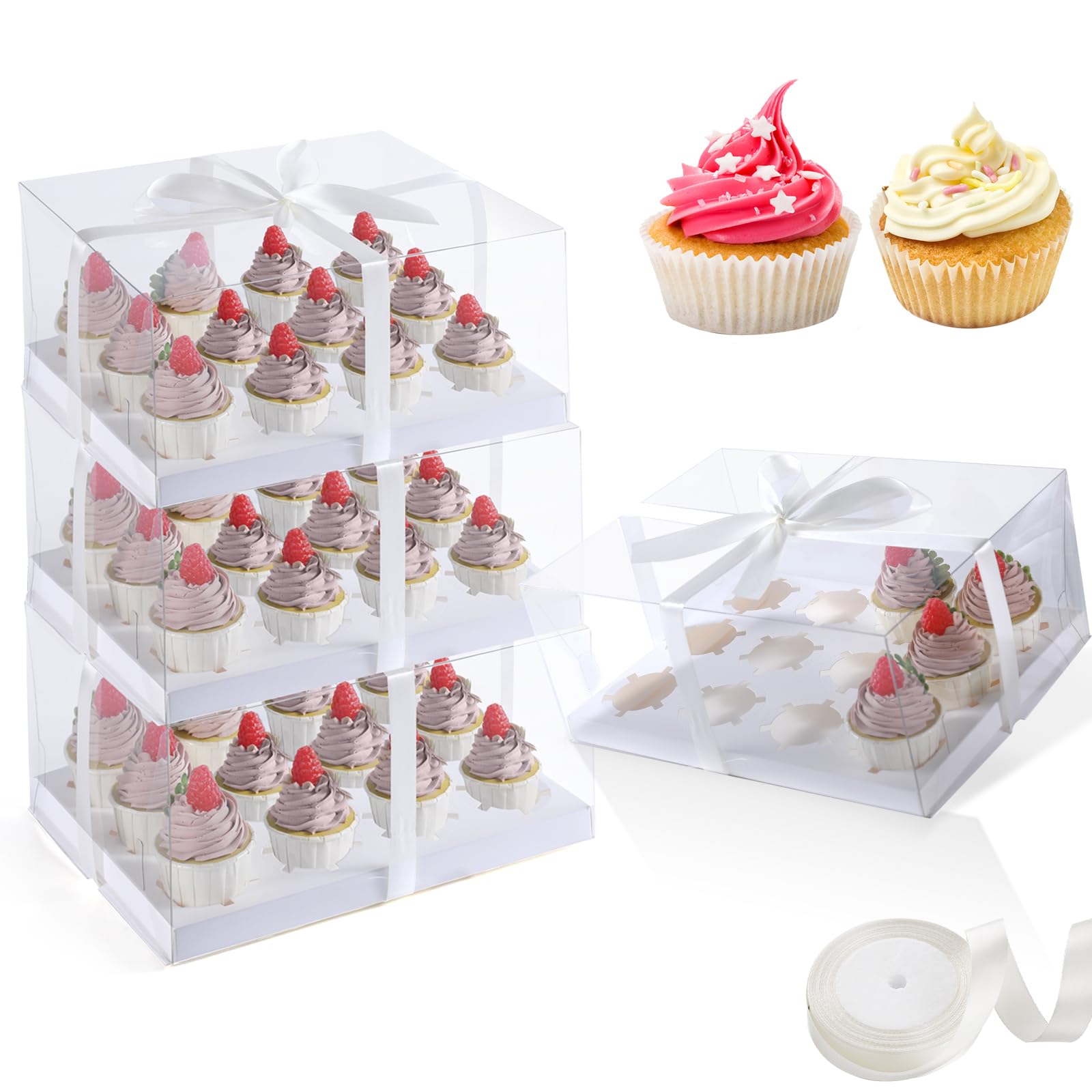 JCD 5.5inches height 4 Sets x 12 Counts Cupcake Containers Clear Plastic Cupcakes Box 12 Holders Dozen Cupcake Boxes, Disposable Cupcake Carrier Holder with Detachable Lid, BPA Free(12count/4pcs)
