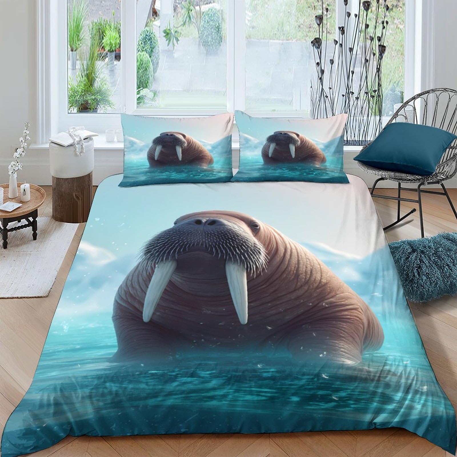 Ctjqhvkz Style-2 3D Printed Walrus Ocean Fitted Sheet Microfiber Soft Blue Bedroom Decor Mattress Cover For Home Guest Room Single（135X200cm）