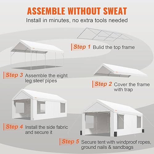 Miniatura 6 de VEVOR Cochera resistente, toldo de automóvil de 10 x 20 pies, garaje portátil con ventanas ventiladas enrollables y paredes laterales extraíbles,