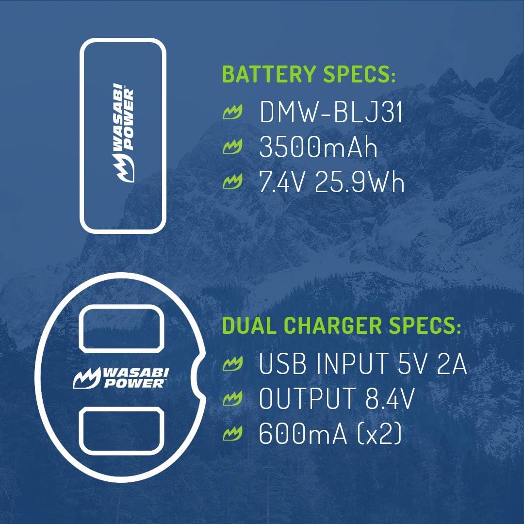 Wasabi Power Battery (2-Pack) and Dual USB Charger for Panasonic DMW-BLJ31 and Panasonic Lumix DC-S1, DC-S1H, DC-S1R, LUMIX S Series Mirrorless Cameras