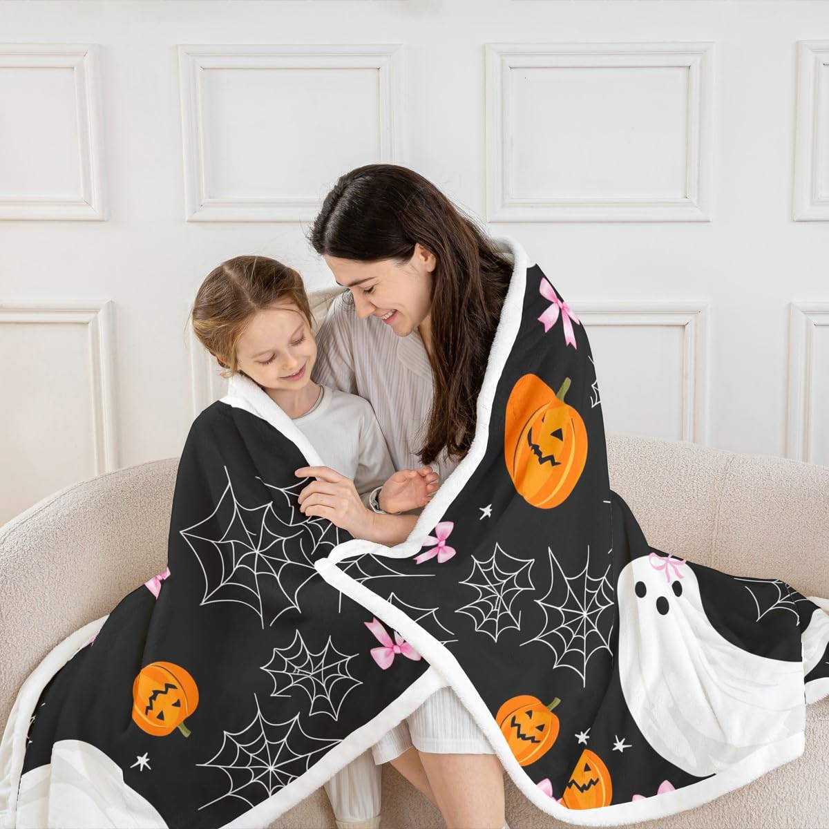 Homewish Pajęczyna szerpa koc duch kokarda puszysty pluszowy narzuta kokarda dynia Halloween kawaii kreskówka festiwal polarowy koc - czarny różowy dziewczyny ciepła miękka pościel dekoracja na łóżko