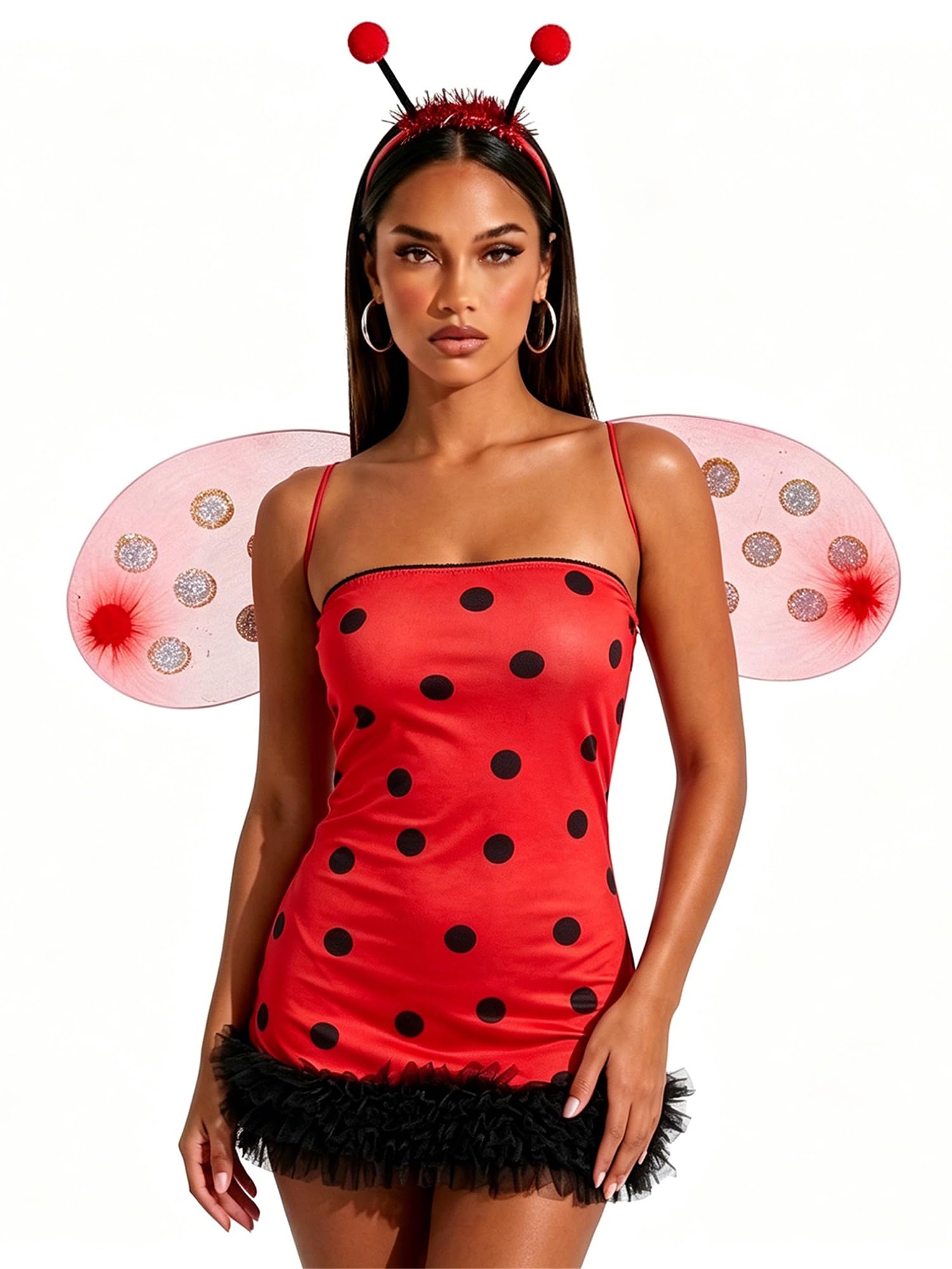 Springcmy Women Halloween Cosplay Costume Set Bee Dress Wings Party Roleplay Dress Up (F Red, S)