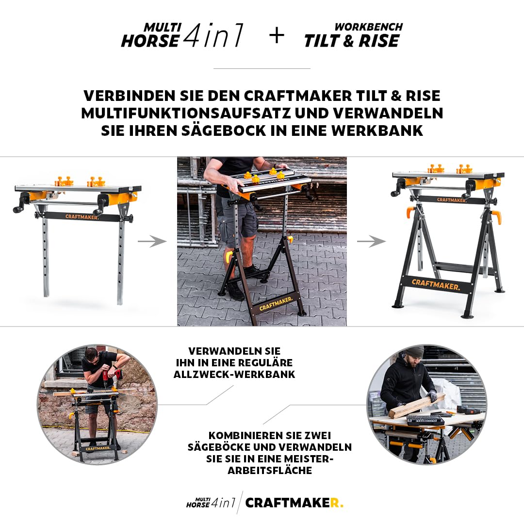 CRAFTMAKER 2er-Set 4-in-1 Multifunktionale Klappbare Sägeböcke - Höhenverstellbare Stahl-Arbeitsböcke mit Schnellklapp-Mechanismus & Stabiler Unterstützung für Werkstattprojekte