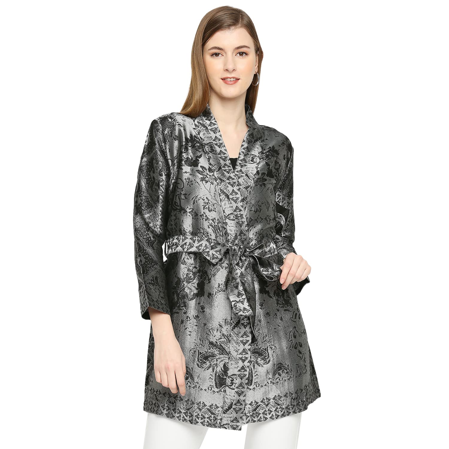 Front Open Tie Up Brocade Kimono for Women-image-41