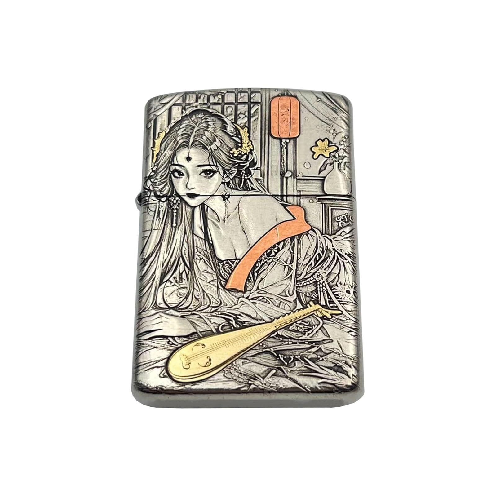 Encendedor de queroseno vintage de cobre puro a prueba de viento, acabado en plata antigua, relieve de doble cara, encendido por muela, adecuado for coleccionar o regalar (queroseno no incluido).