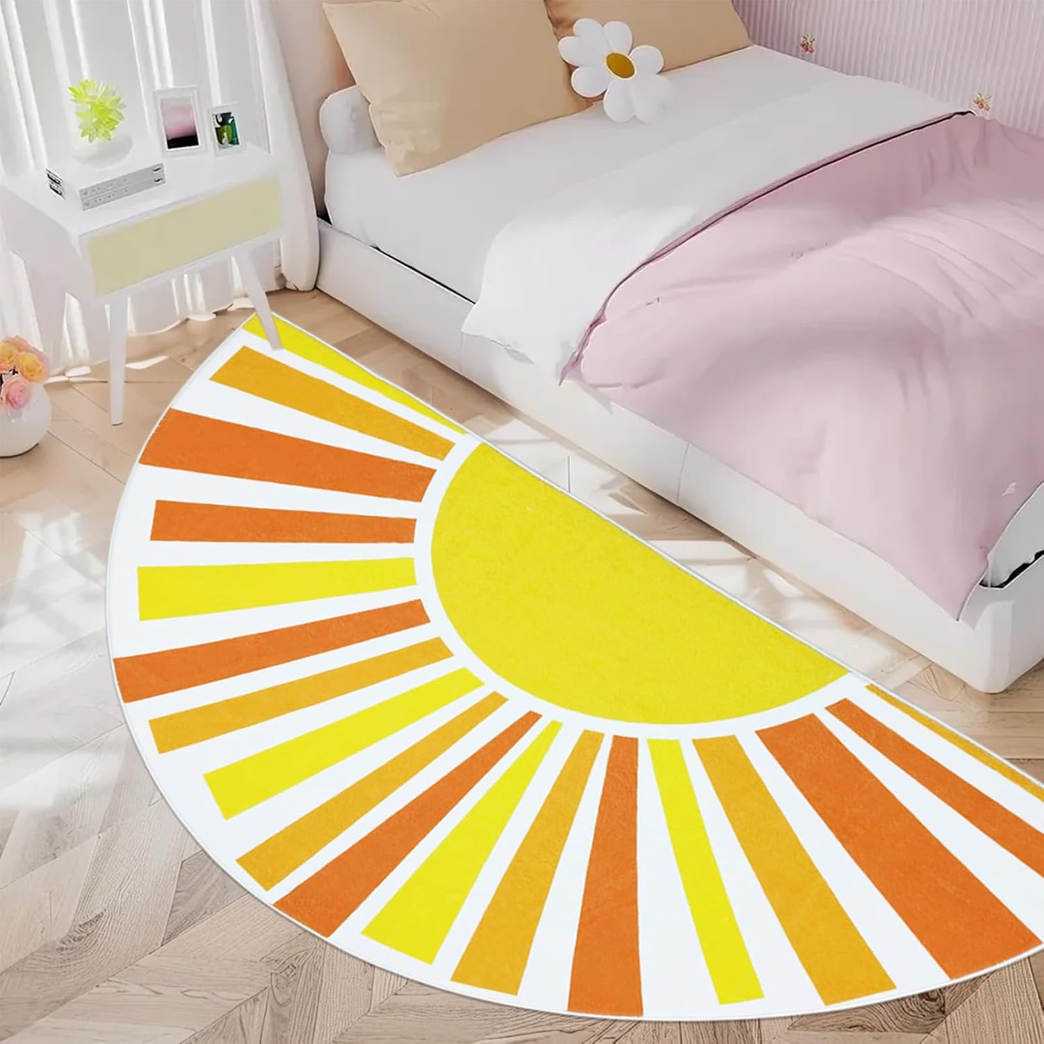 Half Circle Boho Sun Kids Rug 3x6Ft Half Round Sunshine Bedroom Carpet for Boys Girls Semi Circle Playroom Classroom Living Room Mat for Children, Washable Sunrise Doormat, Yellow/Orange