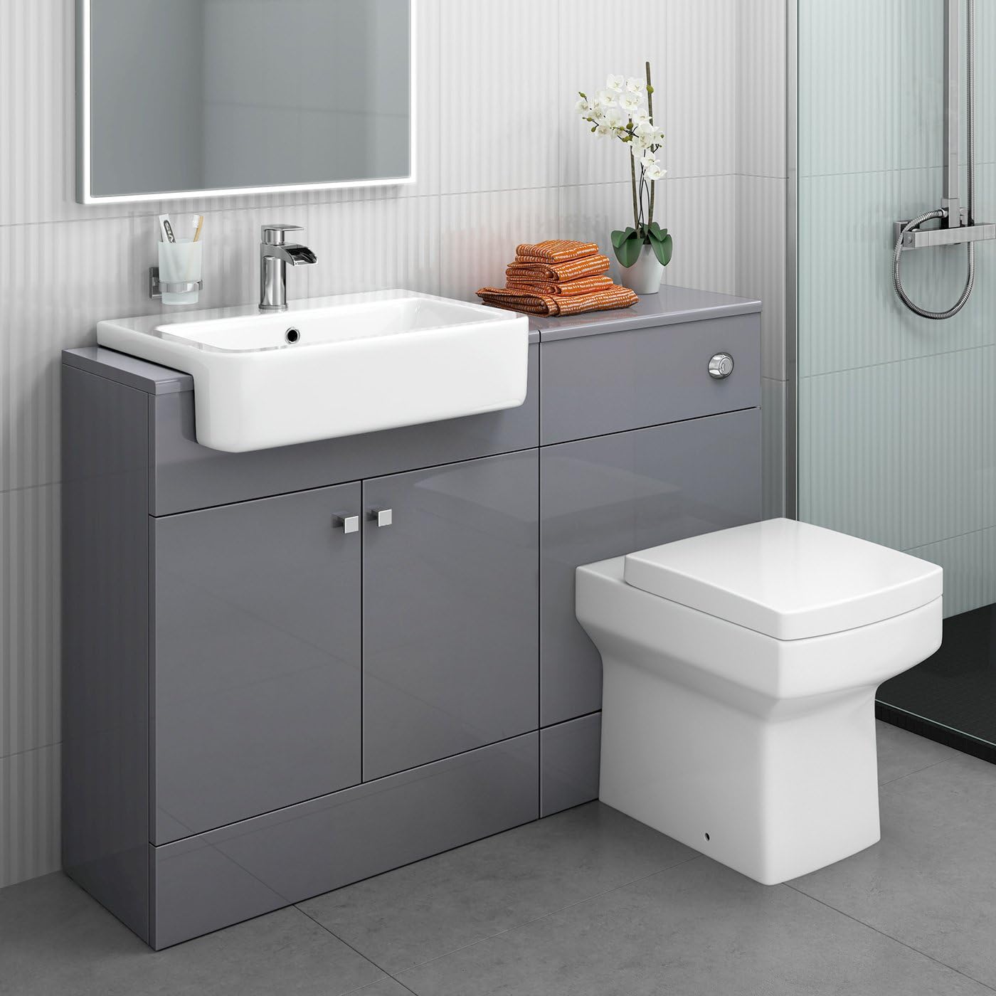 1160 mm Modern Gloss Grey Bathroom Door Vanity Unit Basin Sink + Toilet