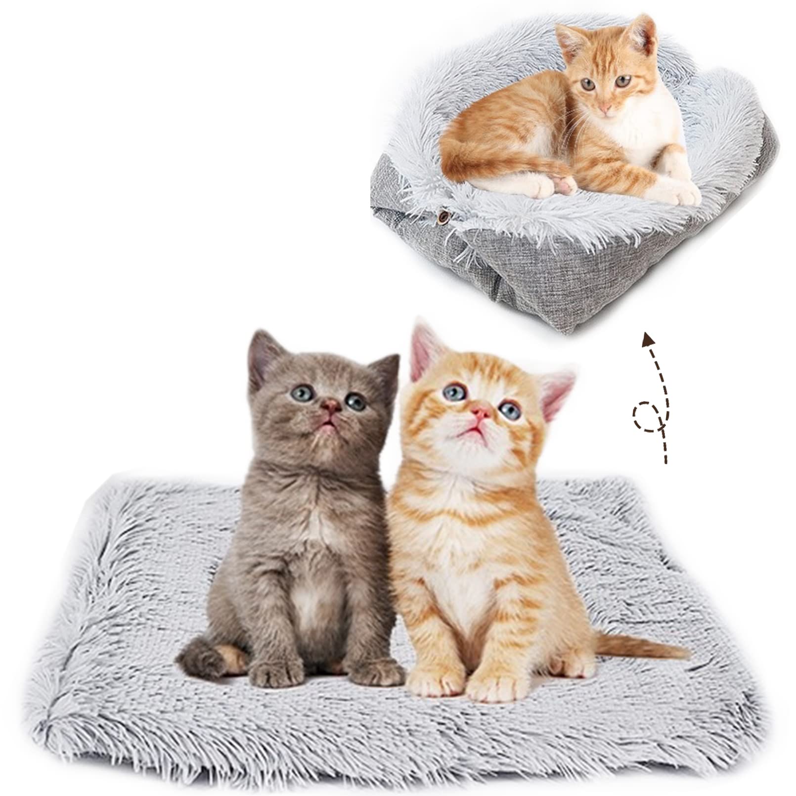 FhinySelf Warming Cat Bed Mat, Furry Cat Pad for Indoor Cats 2 in 1 Machine Washable Soft Plush Autumn Winter Thermal Pet Bed Snooze Sleeping for Kittens Puppies Rabbits