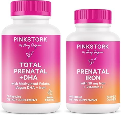 Pink Stork Prenatal + Iron Bundle - Total Prenatal with DHA, Prenatal Iron Supplement, Prenatal Vitamin for Women