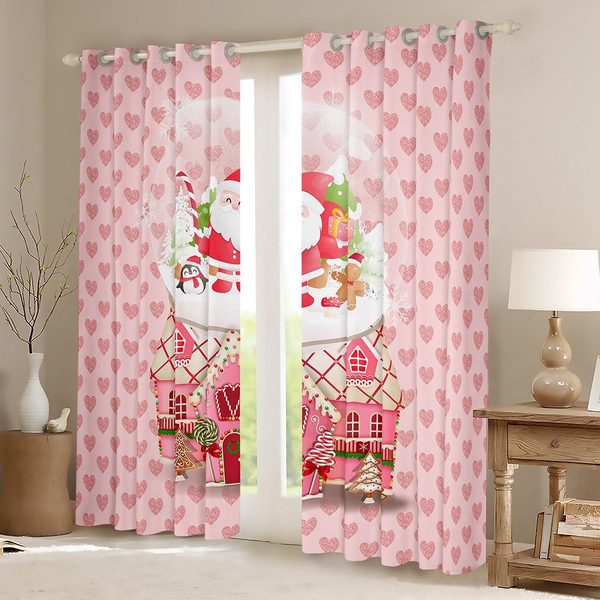 Christmas House Decor Window Curtains Bedroom Living Room Kids Window Drapes Teens Xmas Santa Claus Curtains Breathable Penguin Window Treatments Room Decor Pink Window Treatments 42W X 63L,2 Panels