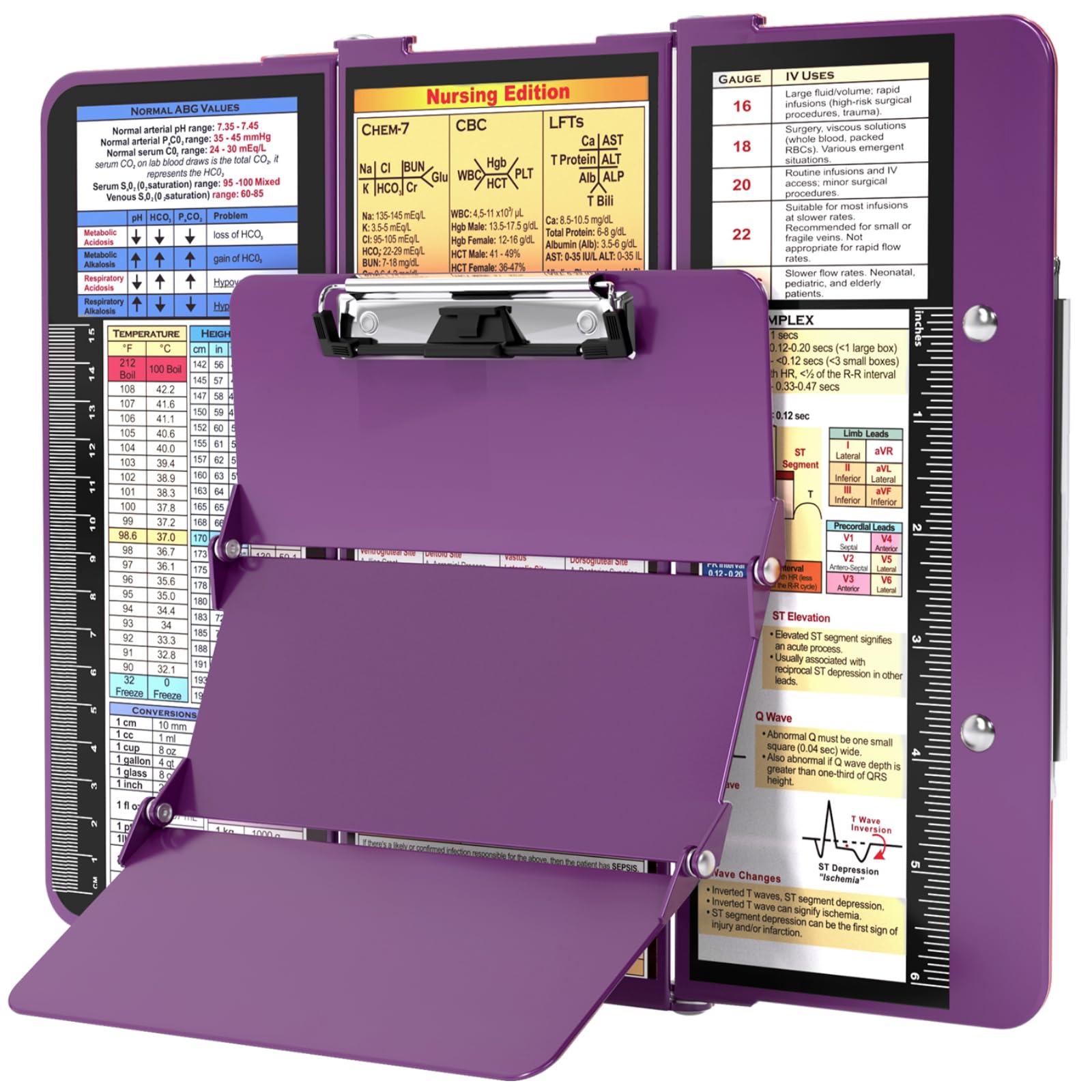 Nursing Clipboard Foldable w/Nursing Edition Cheat Charts, 3 Layers Aluminum, Nurse Board w/Low Profile Clip&Pen Clip Pocket Blank for Nurses, Doctors