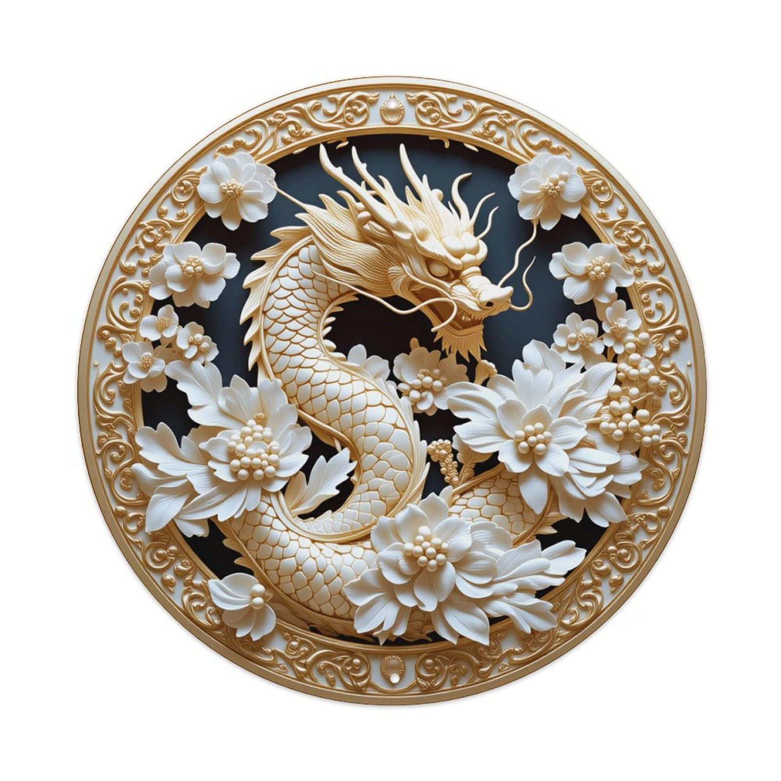 Dragon Flower Circular Relief Art Round Tin Sign Retro Metal Sign for Cafe Bar Pub Home Game Room Gym Club Wall Decoration Vintage Metal Poster 8x8 Inch