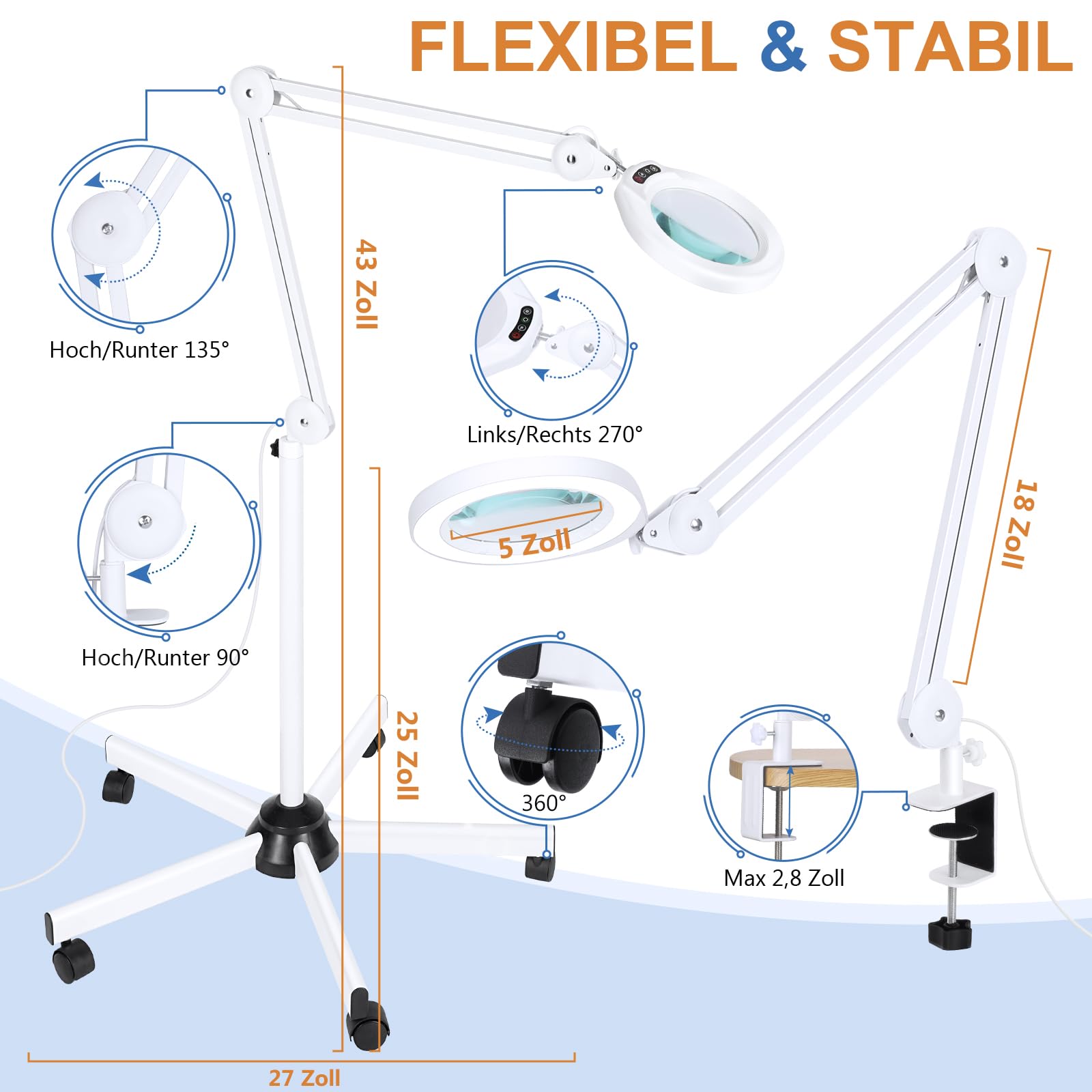 Lupa 10X con luz y Soporte, lámpara de pie LED superbrillante de 2200 lúmenes con 5 Ruedas, 5 Modos de Color, Lupa iluminada Regulable para esteticistas, tratamientos faciales y Salones de Belleza.