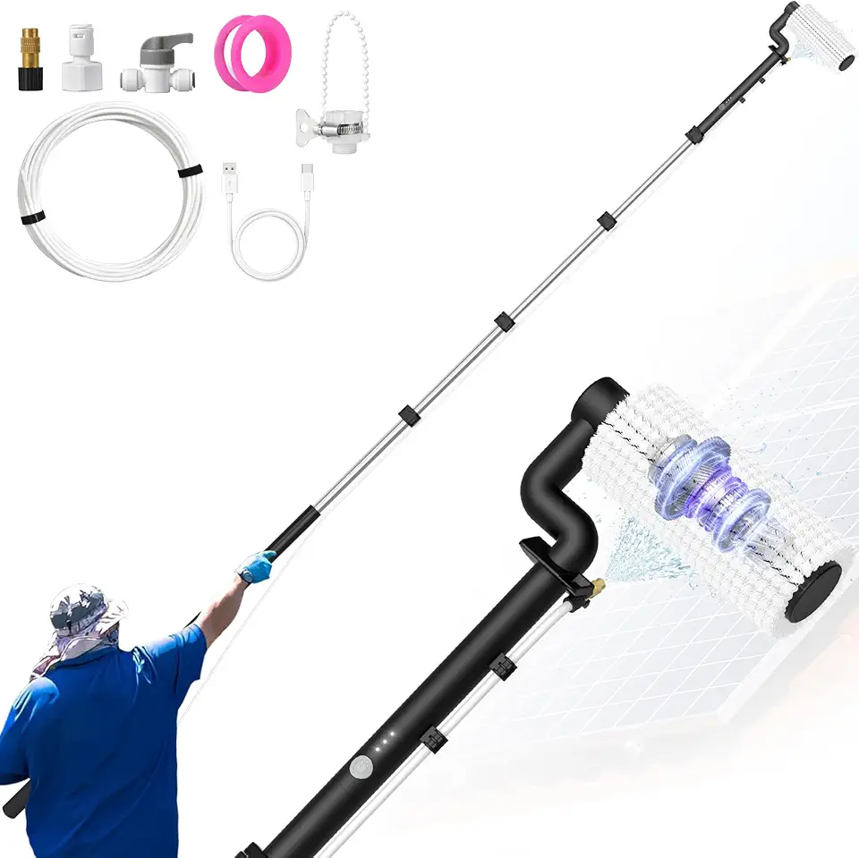 Solar Panel Cleaning Brush and Pole, 20FT Electric Cleaning Roller Brush with Telescopic Water Fed P...