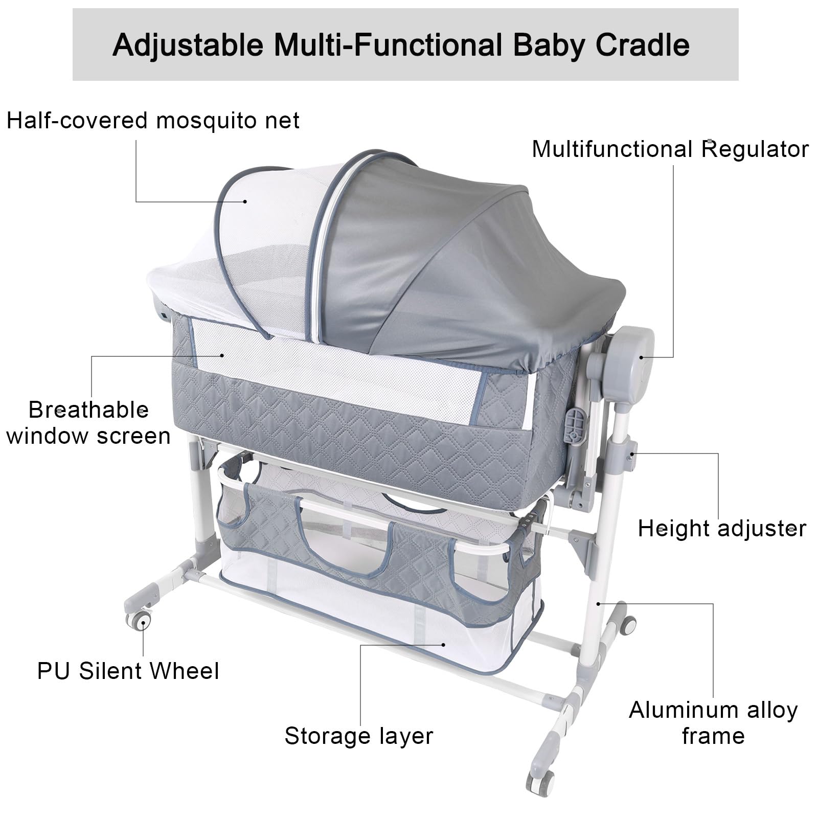 Tragbares Bettchen 3 in 1, Babyschaukel, Neugeborenenbett, mit Wickeltisch, Moskitonetz, Aufbewahrungskorb, Matratze, 4 Räder, für 0-24 Monate Baby (Elektrisch GRAU)