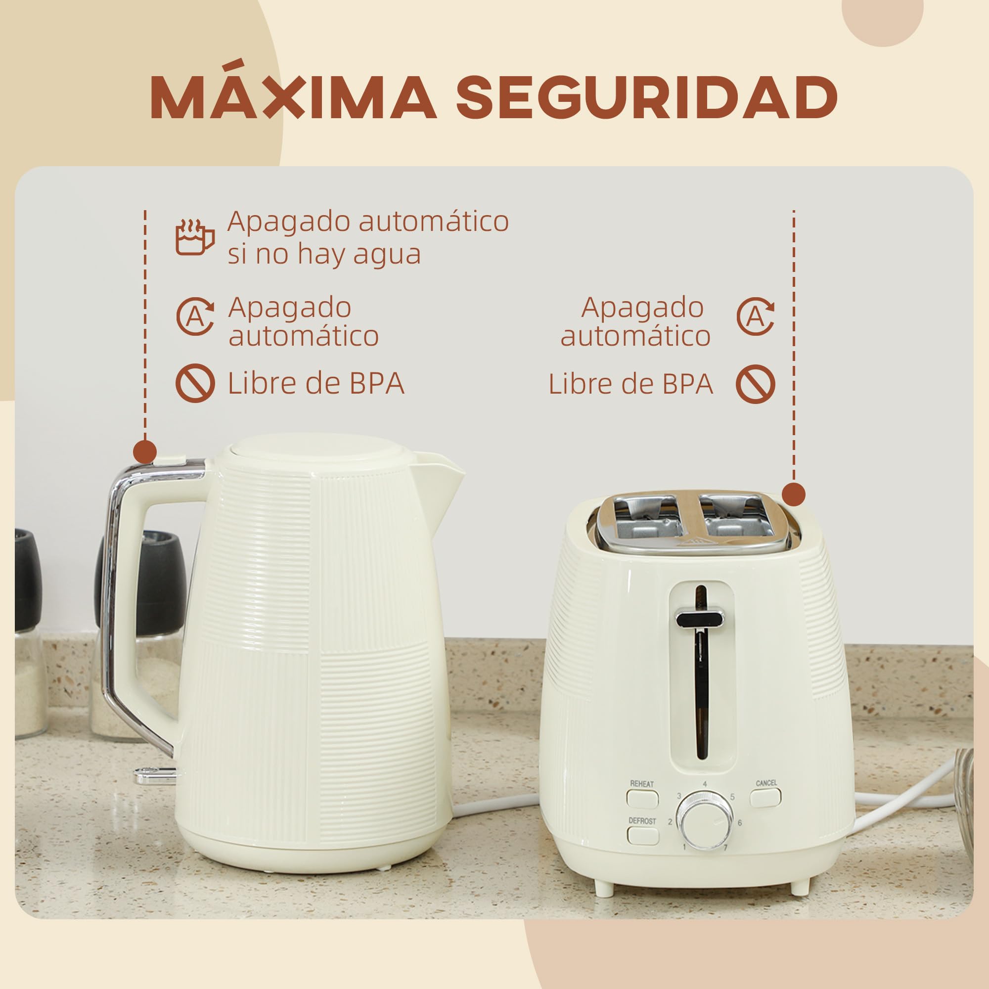 HOMCOM Juego de Tostador y Hervidor 2200W Hervidor de Agua Eléctrico de Acero Inoxidable 1,7L Tostadora Pan Ranura Ancha para 2 Rebanadas 3 Funciones Crema