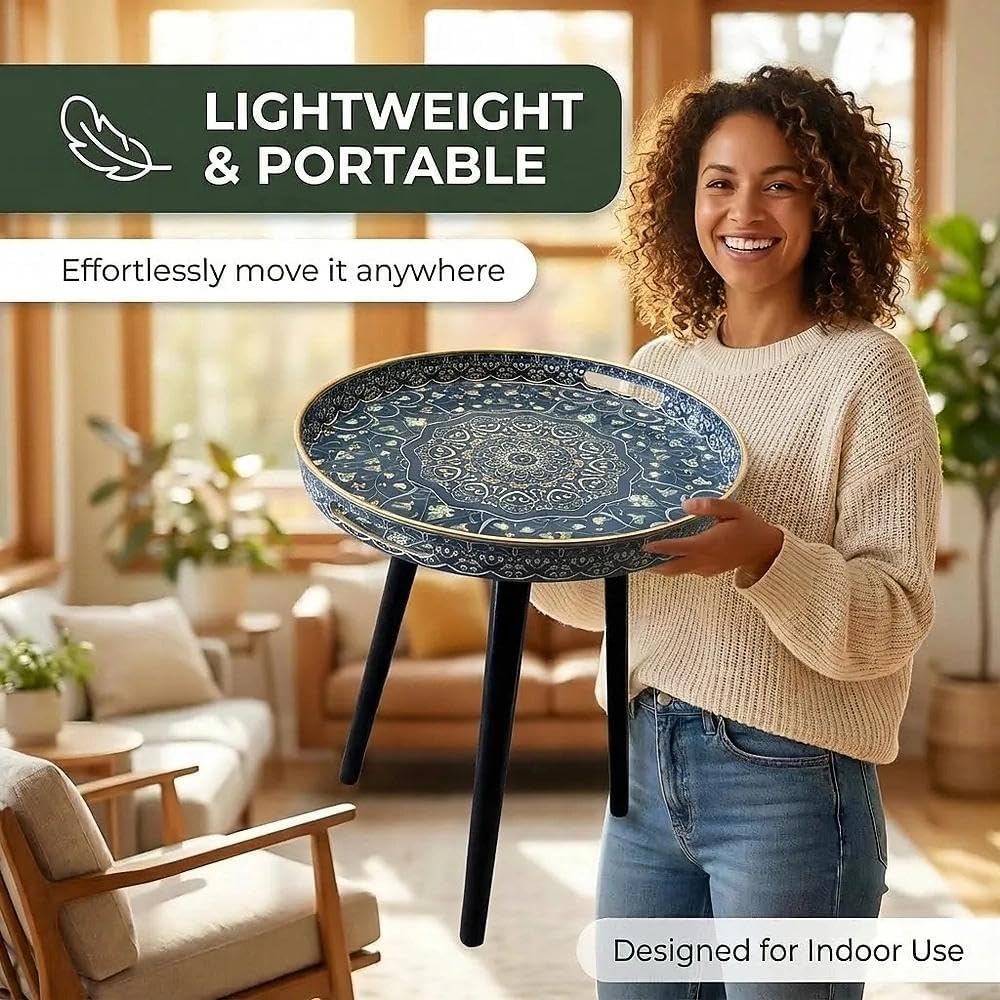 Runder Beistelltisch für den Außenbereich mit abnehmbaren 3 Beinen aus Holz, vielseitiger Tabletttisch, perfekt für runden Couchtisch, Tee und Entspannungszeit, 45 cm (blaues Labyrinth)