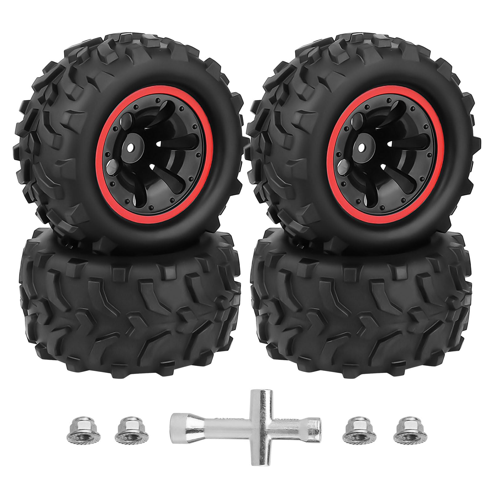 HobbyPark 135mm 5.31" Tall Pre-Glued 12mm Hex RC Truck Wheels and Tires Set for 1/10 Traxxas Hoss 4x4 Stampede 2wd VXL Redcat Volcano EPX Pro 2s 3s 4s