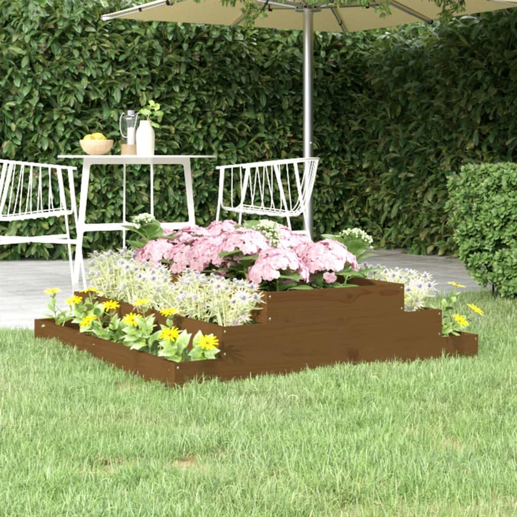 Donica drewniana schodkowa miodowy brąz 110x110x27 cm lite drewno sosnowe skrzynia na kwiaty warzywa na taras balkon ogród modułowa stabilna dekoracja wnętrz