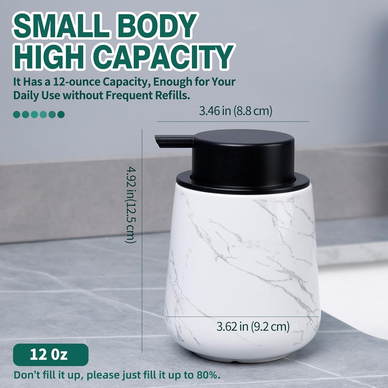 Bosilunlife Ceramic Foaming Soap Dispenser - 12 oz Marble Foam Hand Wash Dispenser Bathroom Countertop Soap Dispensers Kitchen Dish Soap Pump Dispenser Liquid Soap Dispenser for Bathroom - Image 4