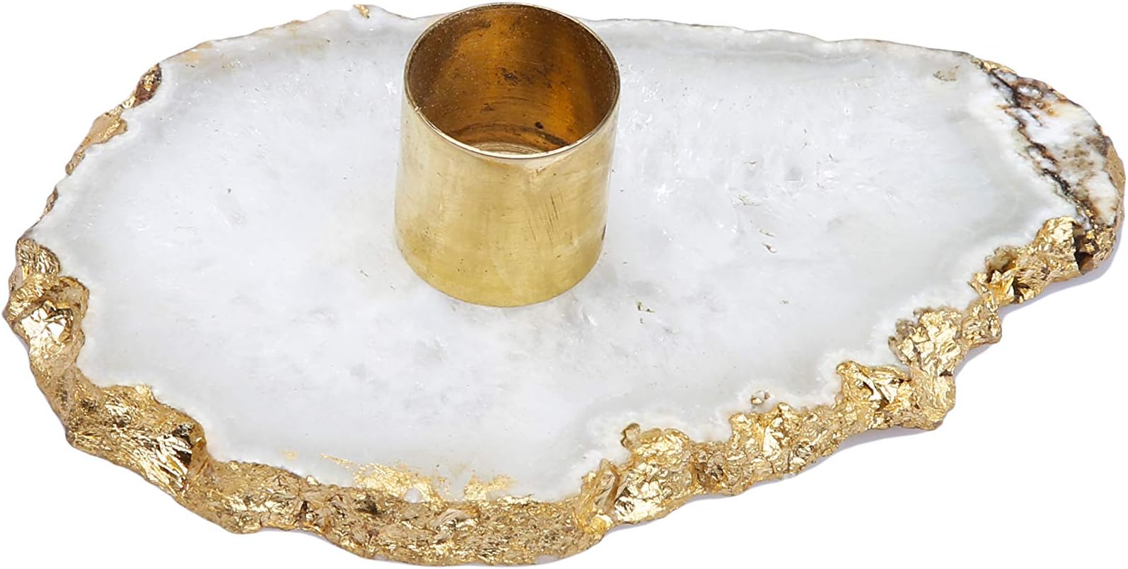 Flat White Agate Stone Candle Holder with Gold Border