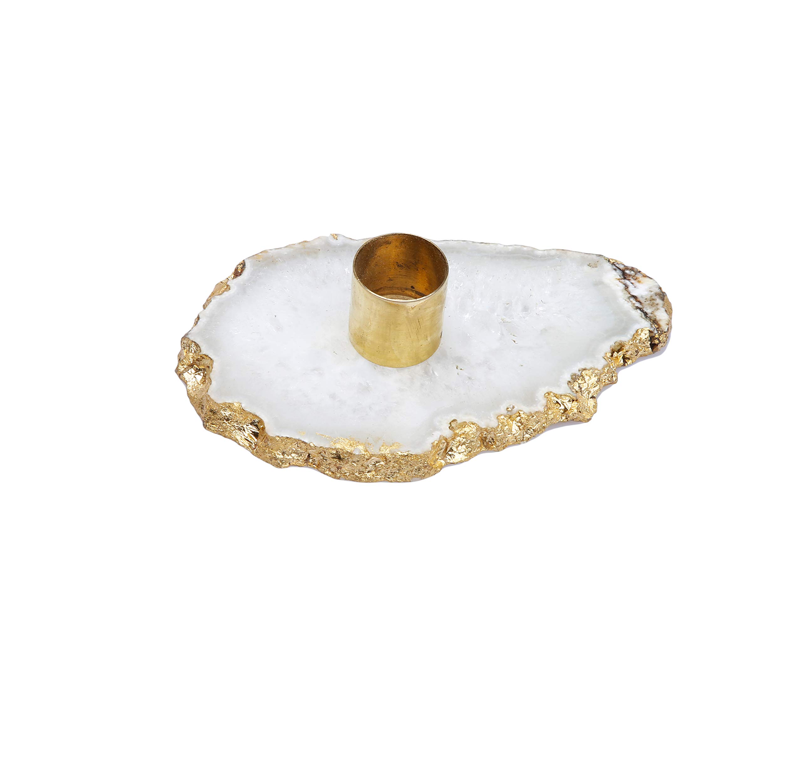 Flat White Agate Stone Candle Holder with Gold Border