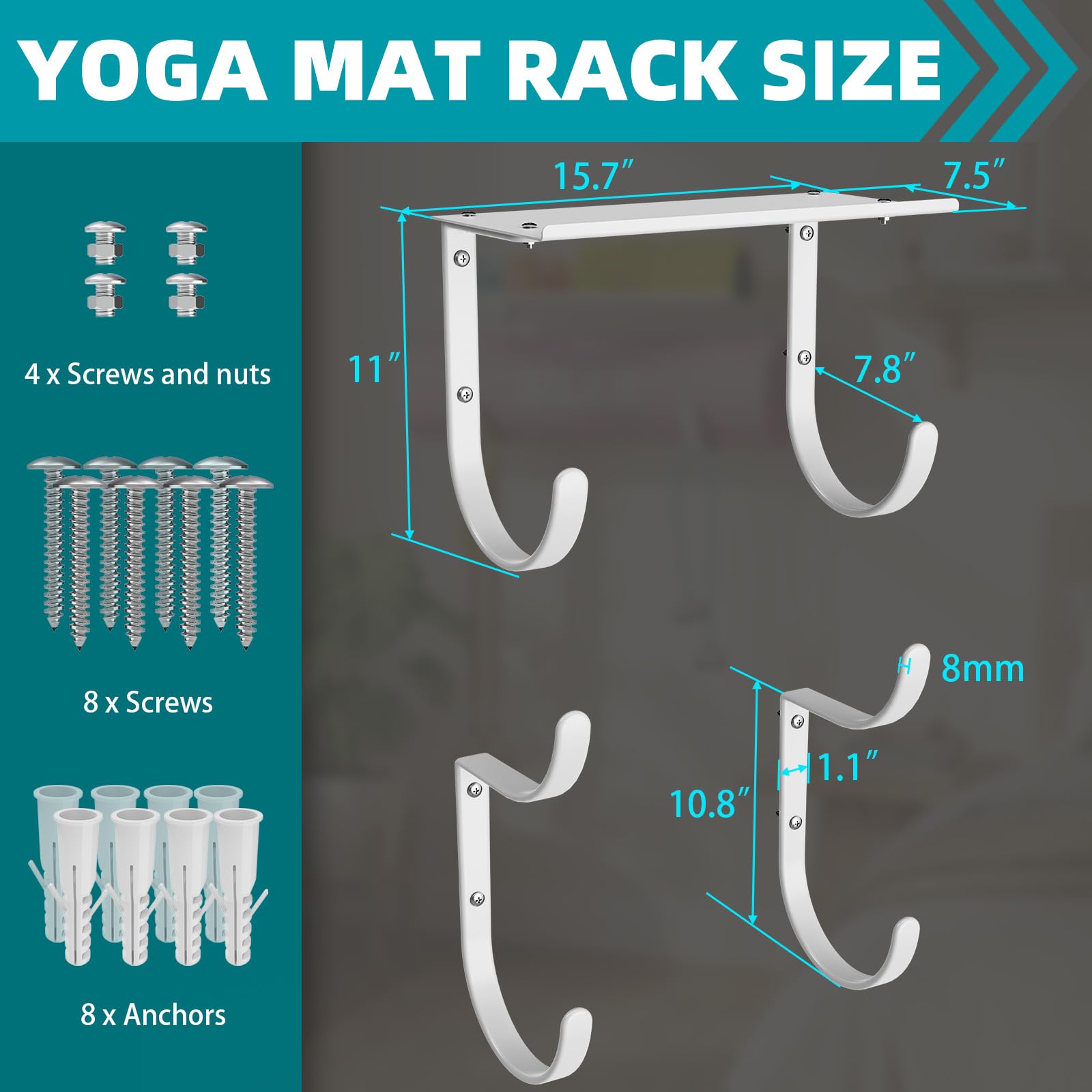 Yogamattenhalter, Wandhalterung, Yogamatten-Aufbewahrungsregal mit Gummibeschichtung, kein Binden für Yogamatte, Pilates-Matte, Gymnastikmatte, Fitnessmatte und Übungsmatte