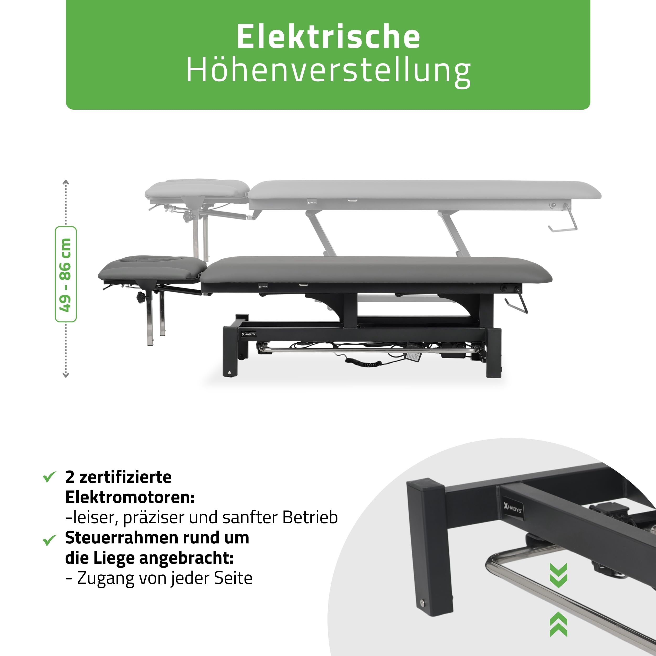 HABYS Massageliege Elektrisch mit 4-Segmente, 192x68cm, Grau, Fortis 4Ergo | mit Steuerrahmen, Kosmetikliege Elektrisch bis zu 200 kg, Massagebank für Therapieliege mit Fernbedienung, ERGO-Kissen