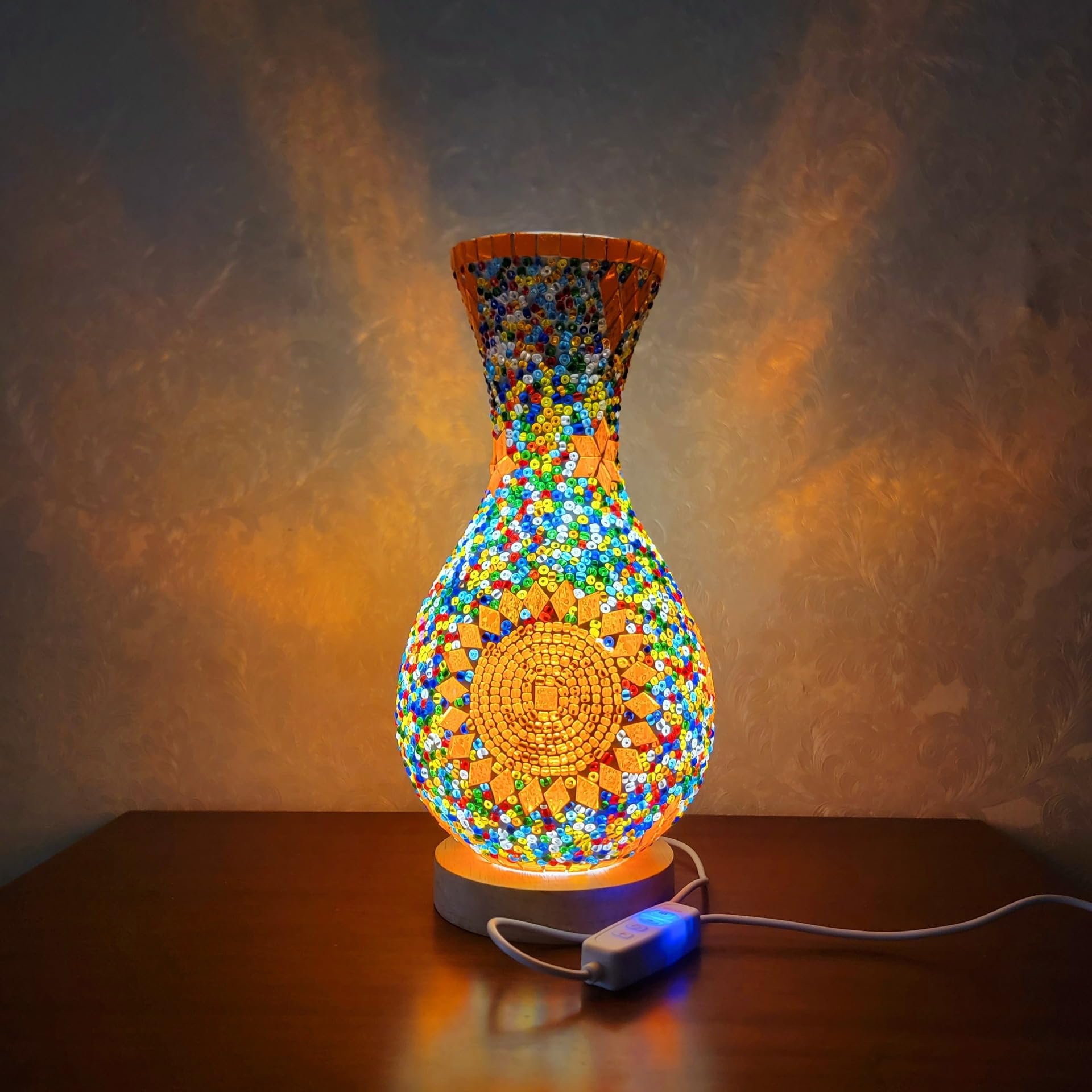 Maimeili Retro Turkish Mosaic Vase Lamp Turkish Moroccan Table Lamp Colorful Handmade Glass Vase with Wood Base for Flowers USB Charge Decor Light for Bedroom Ambient Living Room Farmhouse
