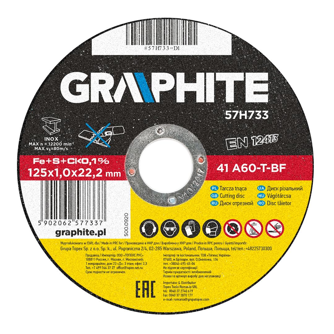 GRAPHITE Disco da taglio 125 per metallo, acciaio inox, acciaio per smerigliatrice angolare, 100 pezzi, 125 mm x 1,0 mm x 22,22 mm, ultra sottile, disco flessibile