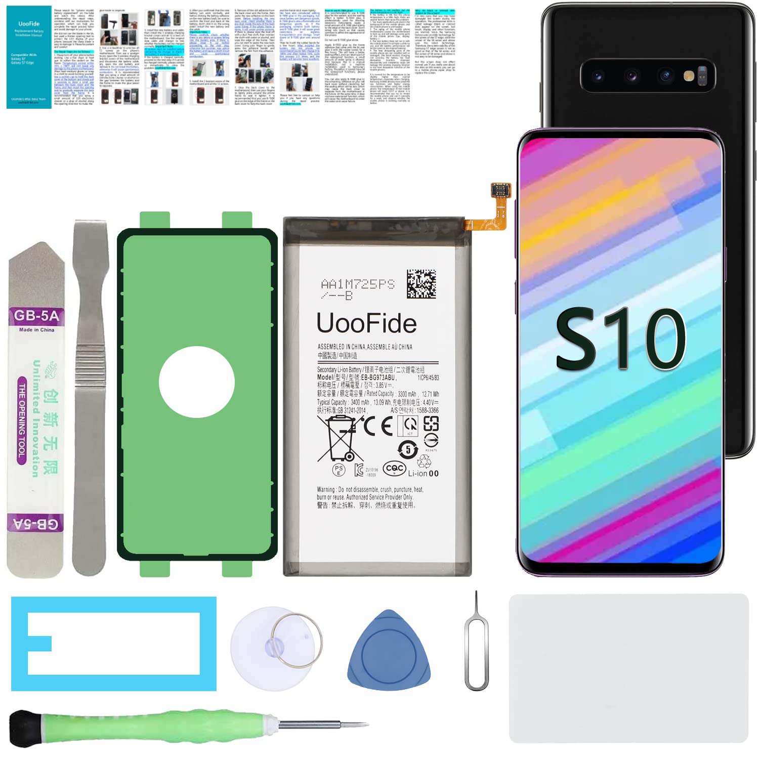 UooFide Battery Replacement for Samsung Galaxy S10 SM-G973 All Carriers (Not for SM-G970 and SM-G975), EB-BG973ABE EB-BG973ABU EB-BG973ABA Battery with Installation Manual + Repair Tool Set