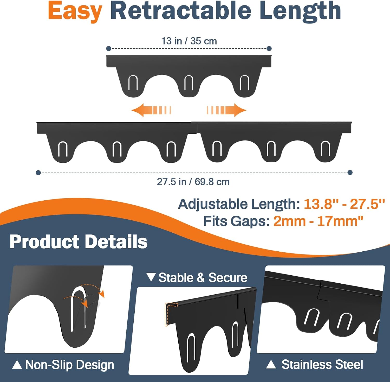 Stove Gap Covers Stainless Steel, 2Pack Retractable Stove Gap Filler (13.8"–27.5" Length, 0.79" Width), Heat-Resistant Guard & Range Trim Kit Between Stove Top & Counter-Black