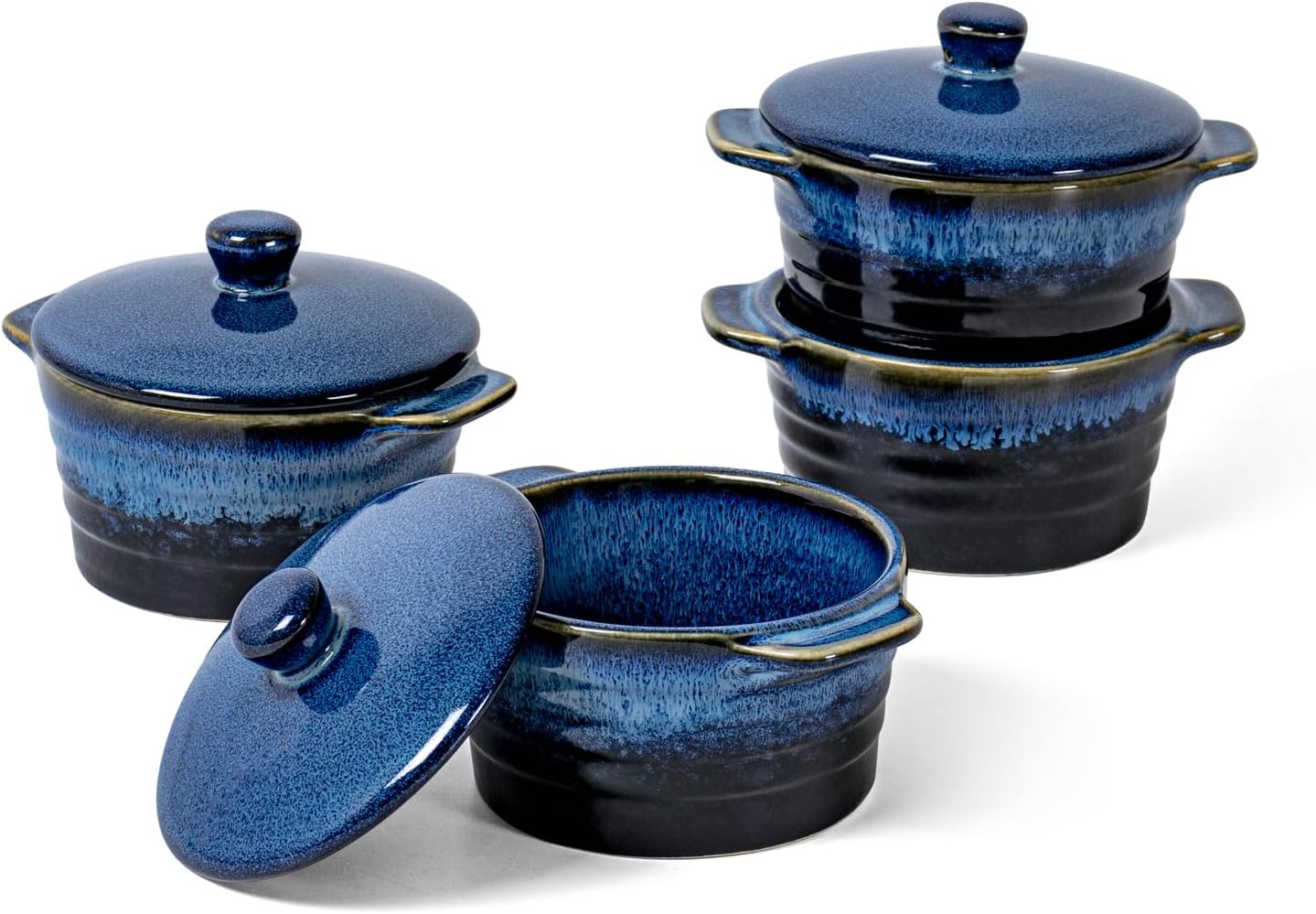 UNICASA 8 oz Ceramic Ramekins with Lid, Mini Casserole Dish with Handles Set of 4, Porcelain Small Baking Dish, Round Small Cocotte Oven Safe, Reactive Glaze (Blue)