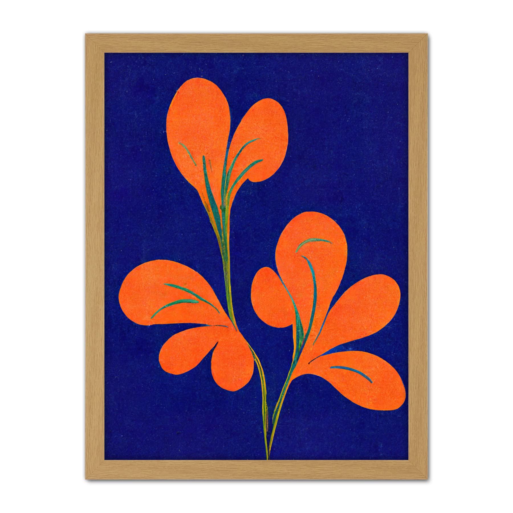 Doppelganger33 LTD Henri Matisse Inspired Bright Abstract Orange Flower Blooms On Royal Blue Artwork Framed Wall Art Print 18X24 Inch