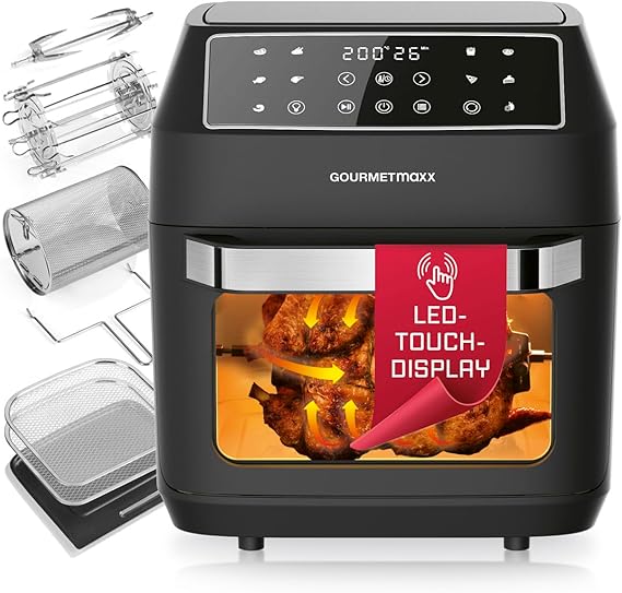 GOURMETmaxx Friggitrice ad aria calda 12 L Airfryer | Friggitrice con 9 funzioni, display touch, spiedini rotanti e shashlik | 10 Programmi, inclusa la pizza | Mini forno - praticamente senza olio