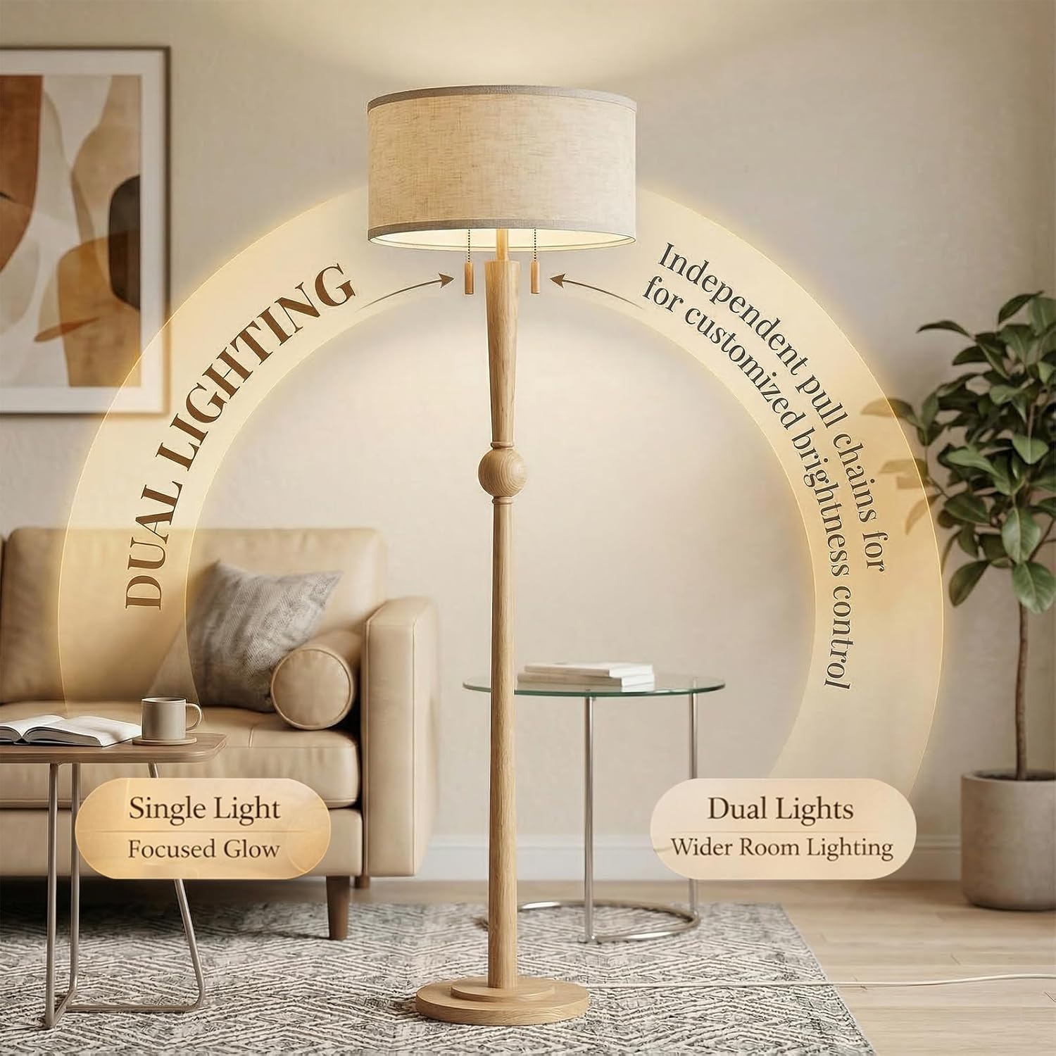 MOFFE 62.8" Solid Oak Wood Floor Lamp, Tall Standing Floor Lamp with 2-Light Pull Chain, 17" Linen Drum Shade, Sculptural Wood Base, Transitional Floor Lamp for Living Room Bedroom, Includes 2 Bulbs