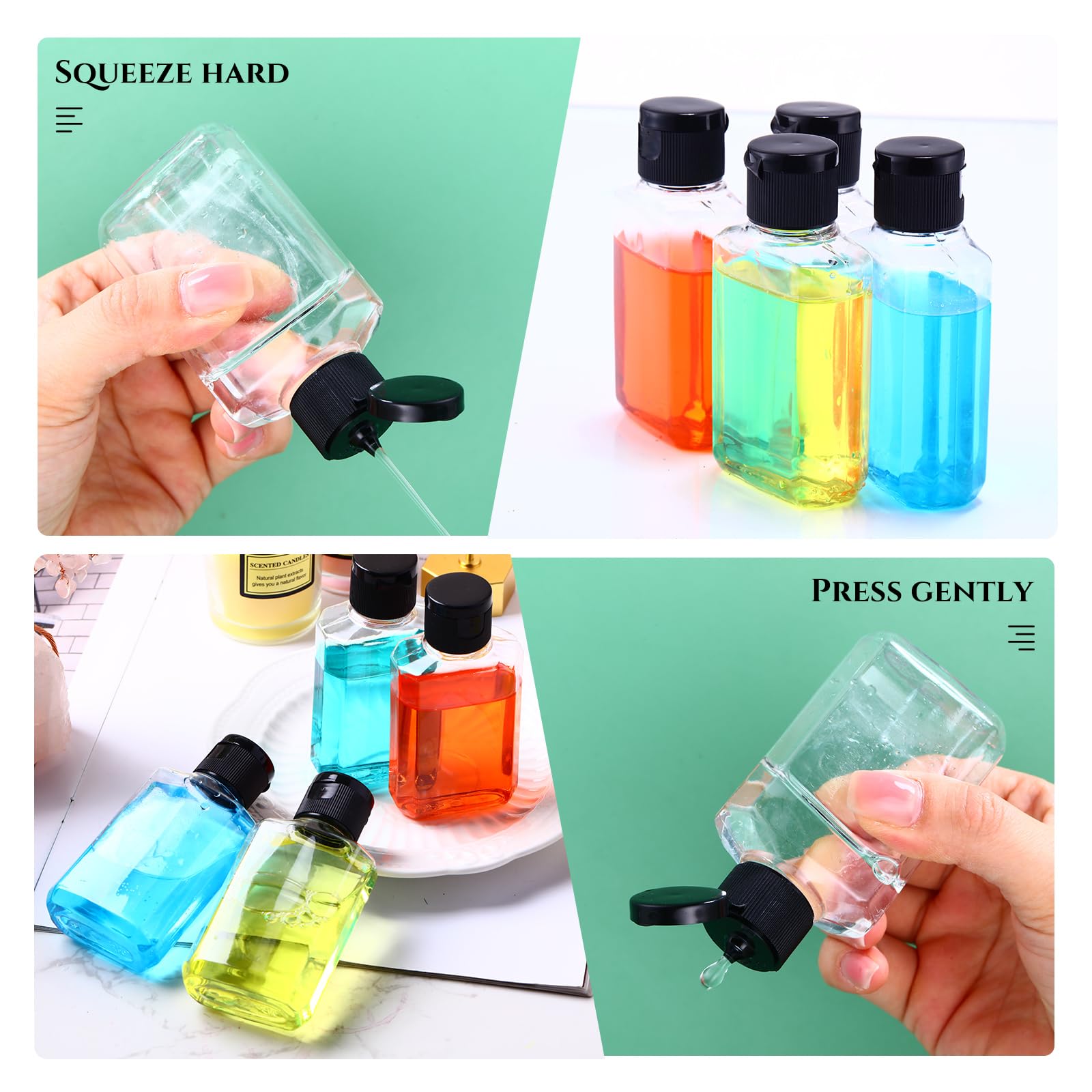 Tanlade 200 botellas desinfectantes de manos transparentes de 2 onzas con tapa abatible, botellas vacías de plástico, reutilizables, rellenables, tamaño de viaje, contenedor desinfectante de manos